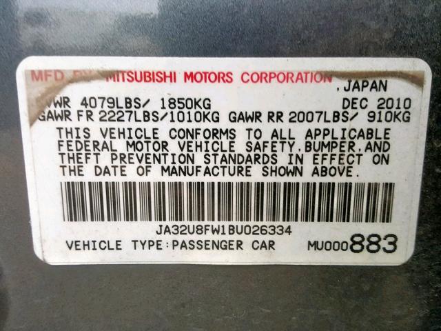 JA32U8FW1BU026334 - 2011 MITSUBISHI LANCER GTS GRAY photo 10