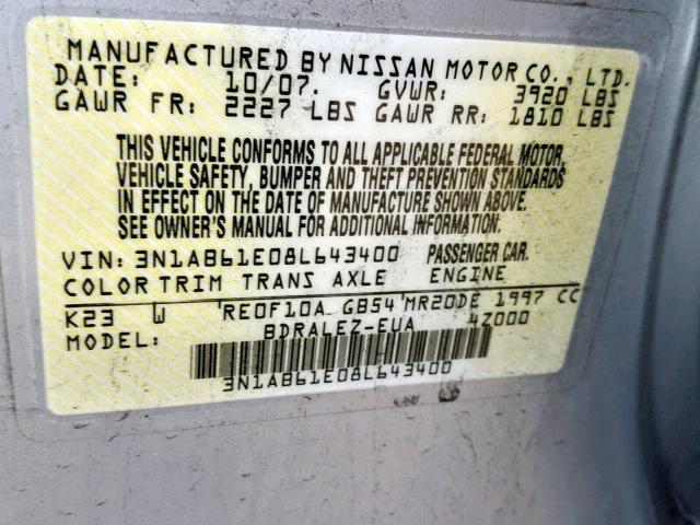 3N1AB61E08L643400 - 2008 NISSAN SENTRA 2.0 SILVER photo 10