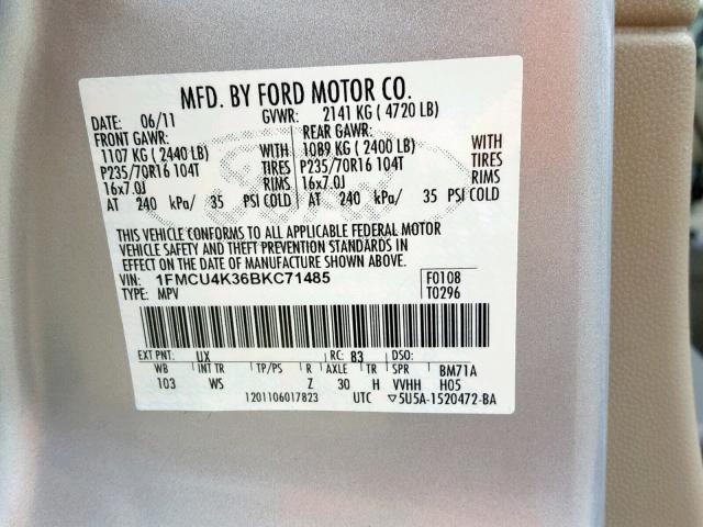 1FMCU4K36BKC71485 - 2011 FORD ESCAPE HYB SILVER photo 10