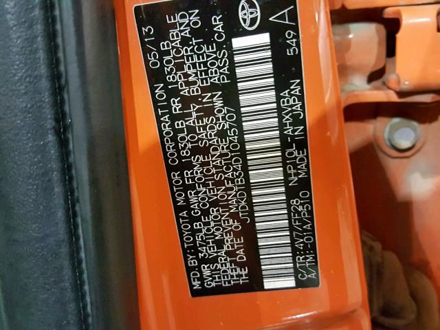 JTDKDTB34D1045707 - 2013 TOYOTA PRIUS C ORANGE photo 10