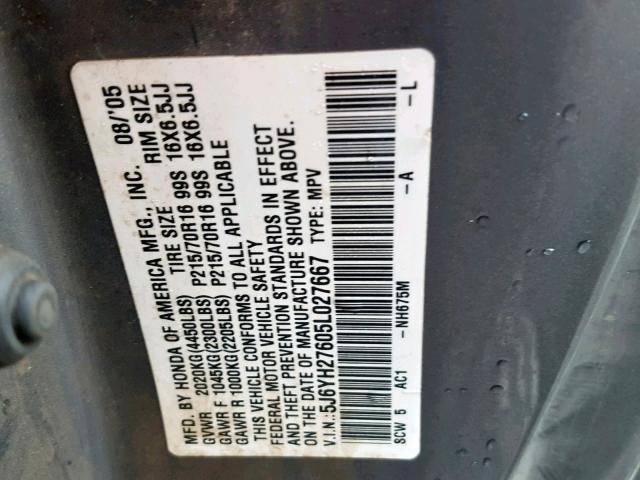 5J6YH27605L027667 - 2005 HONDA ELEMENT EX GRAY photo 10