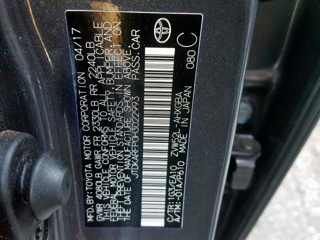 JTDKARFP0H3022993 - 2017 TOYOTA PRIUS PRIM ნაცრისფერი ფოტო 10