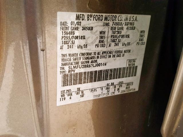 5LMFU28R63LJ00144 - 2003 LINCOLN NAVIGATOR Бежевый фото 10