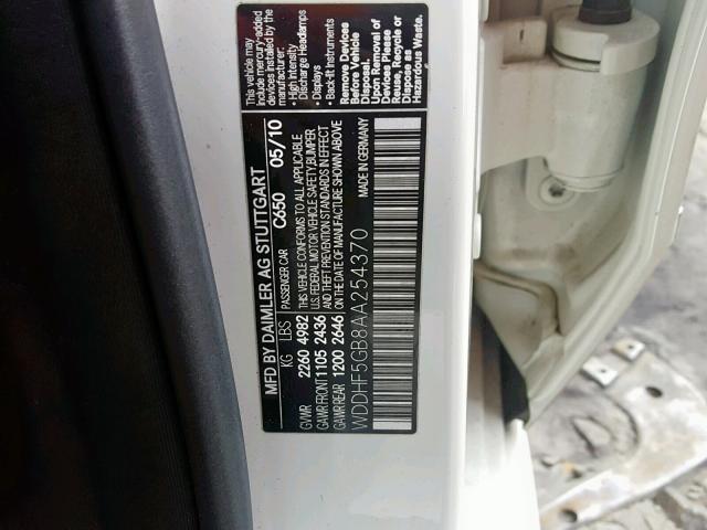 WDDHF5GB8AA254370 - 2010 MERCEDES-BENZ E 350 WHITE photo 10