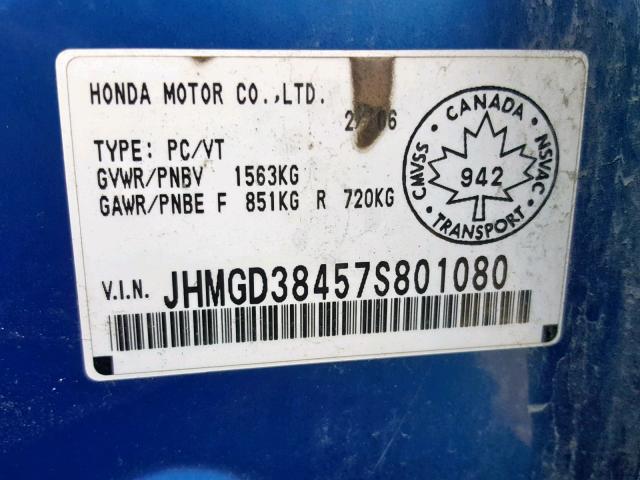 JHMGD38457S801080 - 2007 HONDA FIT BLUE photo 10