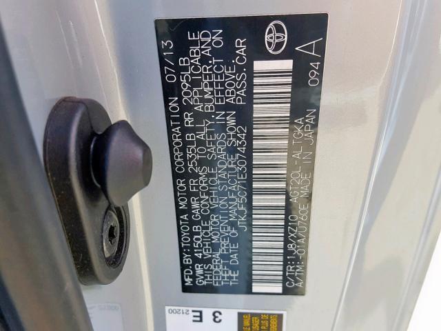 JTKJF5C71E3074342 - 2014 TOYOTA SCION TC ვერცხლისფერი ფოტო 10