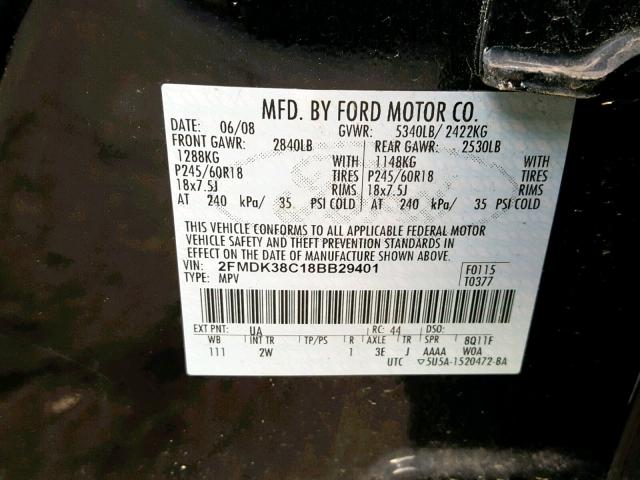 2FMDK38C18BB29401 - 2008 FORD EDGE SEL BLACK photo 10