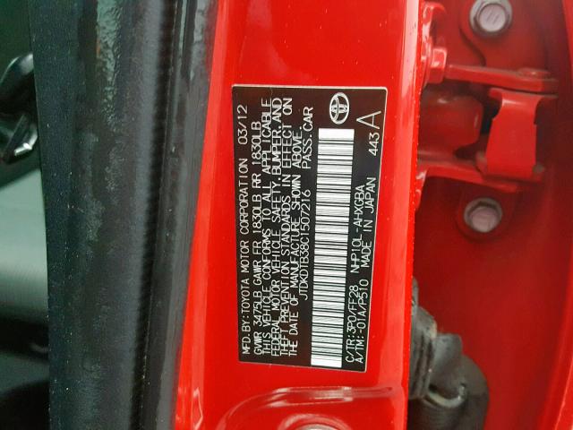 JTDKDTB38C1507216 - 2012 TOYOTA PRIUS C RED photo 10