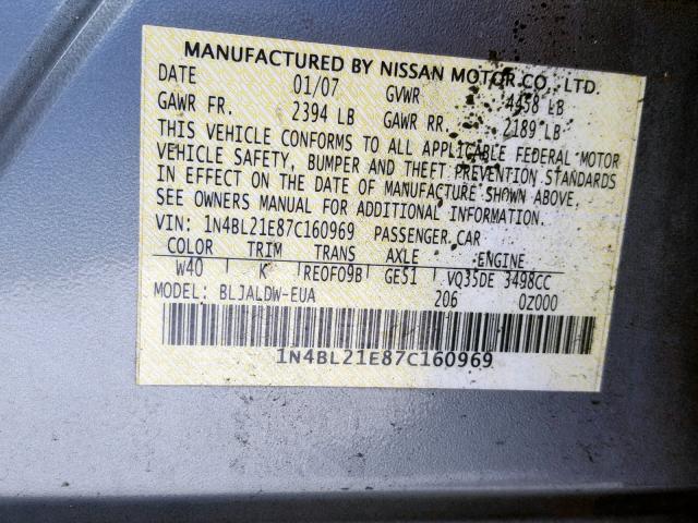 1N4BL21E87C160969 - 2007 NISSAN ALTIMA 3.5 GRAY photo 10