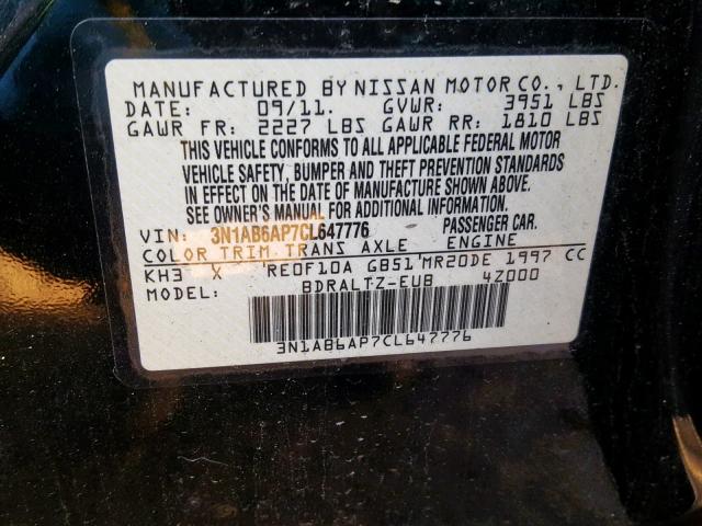 3N1AB6AP7CL647776 - 2012 NISSAN SENTRA 2.0 BLACK photo 10