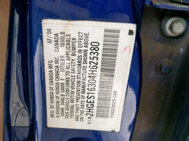 2HGES16304H625380 - 2004 HONDA CIVIC DX V BLUE photo 10