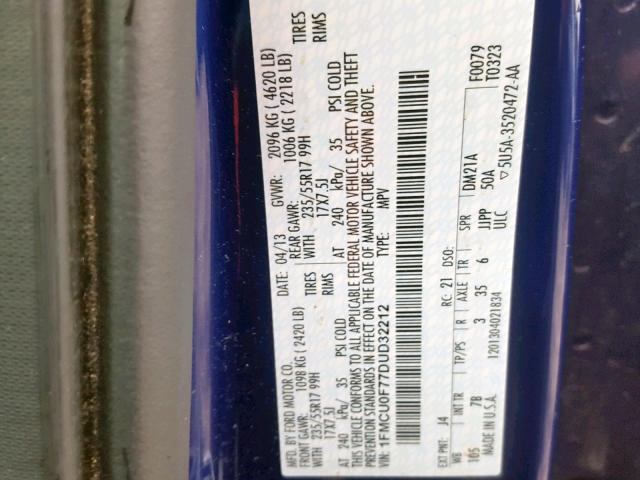 1FMCU0F77DUD32212 - 2013 FORD ESCAPE S BLUE photo 10