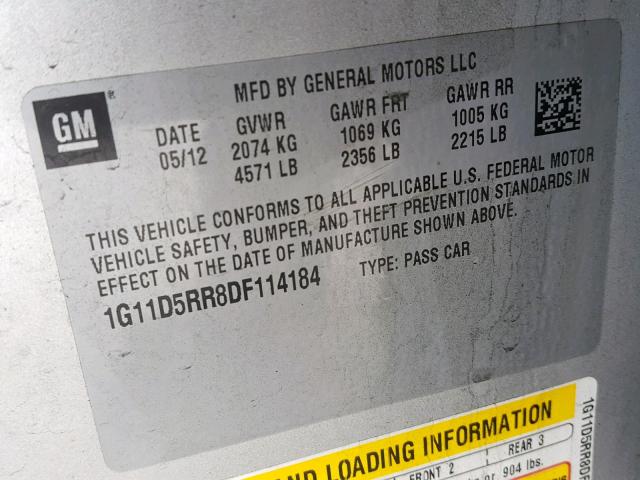 1G11D5RR8DF114184 - 2013 CHEVROLET MALIBU 1LT SILVER photo 10