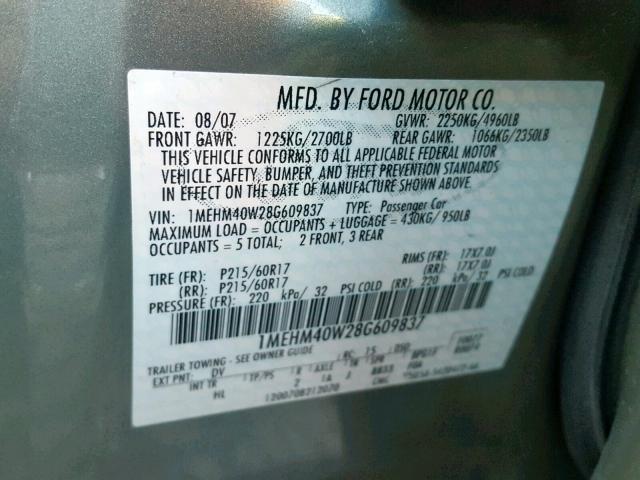 1MEHM40W28G609837 - 2008 MERCURY SABLE LUXU GREEN photo 10