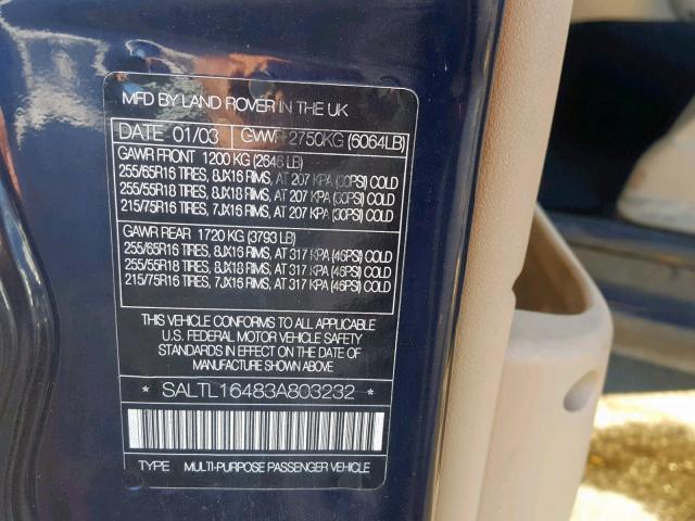 SALTL16483A803232 - 2003 LAND ROVER DISCOVERY BLUE photo 10