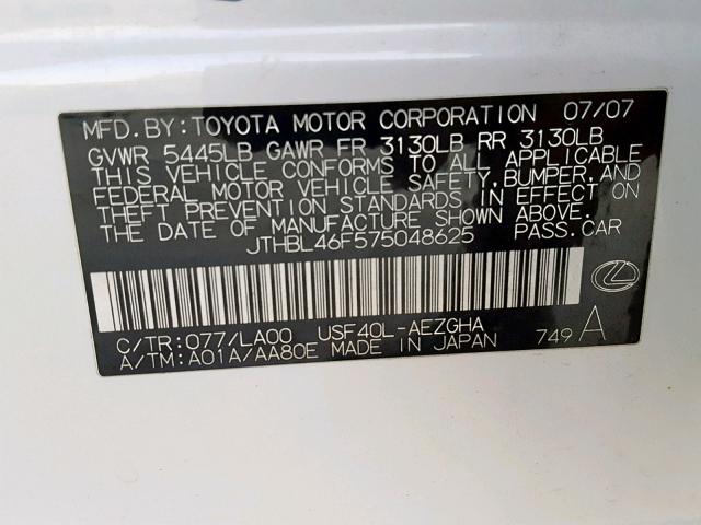 JTHBL46F575048625 - 2007 LEXUS LS 460 WHITE photo 10