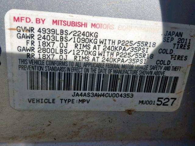 JA4AS3AW4CU004353 - 2012 MITSUBISHI OUTLANDER SILVER photo 10