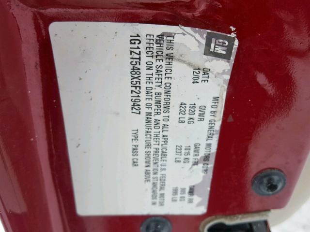 1G1ZT548X5F219427 - 2005 CHEVROLET MALIBU LS 栗色 照片 10