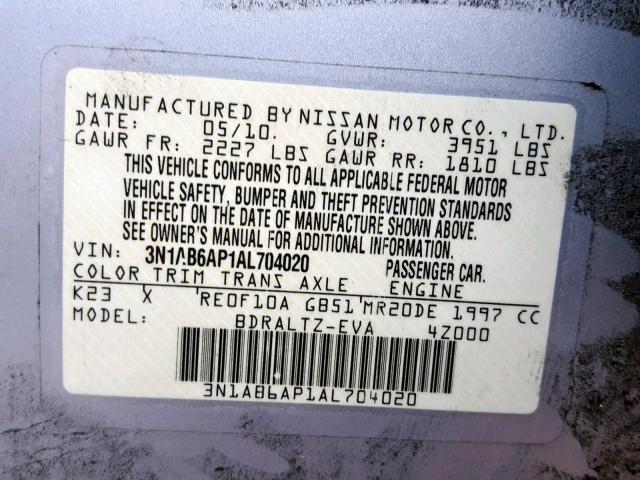 3N1AB6AP1AL704020 - 2010 NISSAN SENTRA 2.0 GRAY photo 10