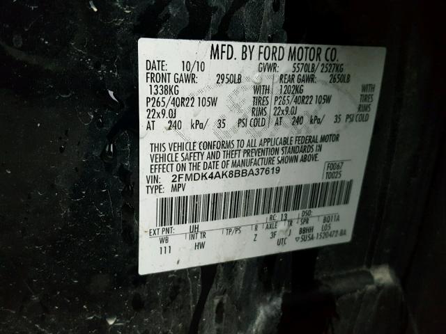 2FMDK4AK8BBA37619 - 2011 FORD EDGE SPORT BLACK photo 10