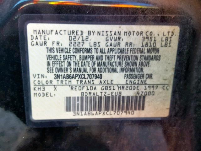 3N1AB6APXCL707940 - 2012 NISSAN SENTRA 2.0 BLACK photo 10