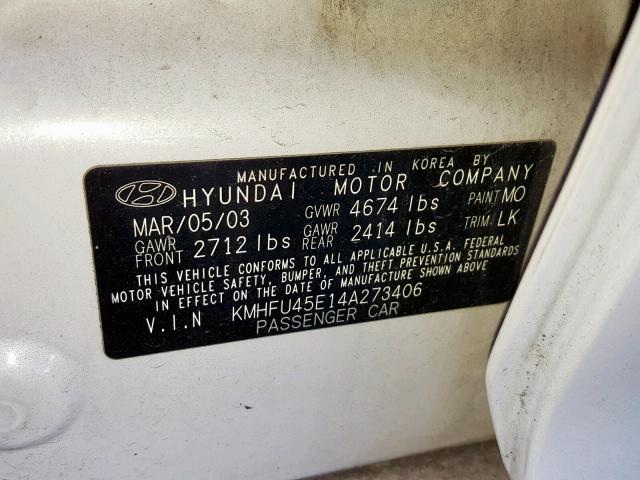 KMHFU45E14A273406 - 2004 HYUNDAI XG 350 WHITE photo 10