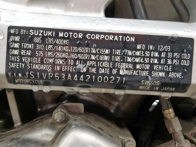 JS1VP53A442100271 - 2004 SUZUKI SV650 BLUE photo 10