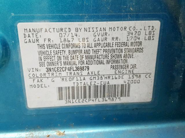 3N1CE2CP4FL369879 - 2015 NISSAN VERSA NOTE TEAL photo 10