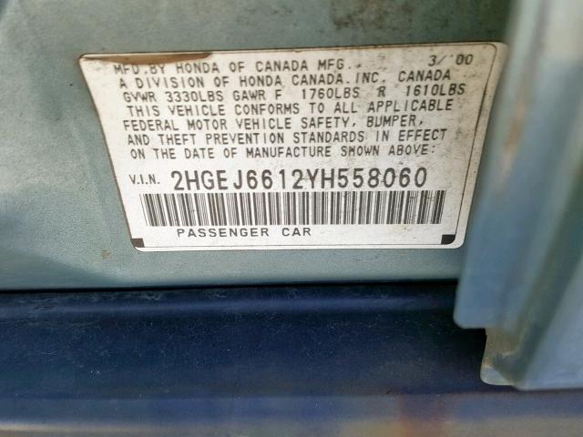 2HGEJ6612YH558060 - 2000 HONDA CIVIC BASE Mavi foto 10