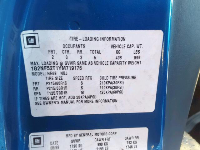 1G2NF52T1YM719176 - 2000 PONTIAC GRAND AM S BLUE photo 10