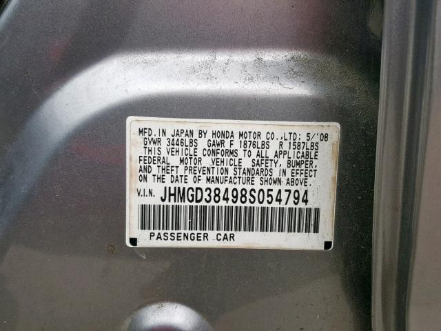 JHMGD38498S054794 - 2008 HONDA FIT SILVER photo 10