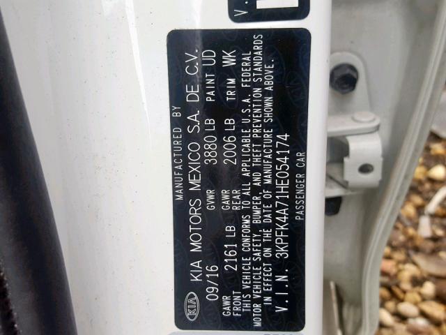 3KPFK4A71HE054174 - 2017 KIA FORTE LX WHITE photo 10