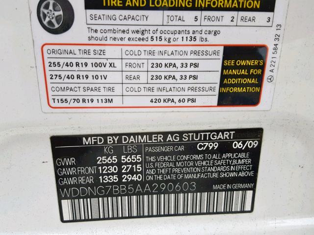 WDDNG7BB5AA290603 - 2010 MERCEDES-BENZ S 550 WHITE photo 10