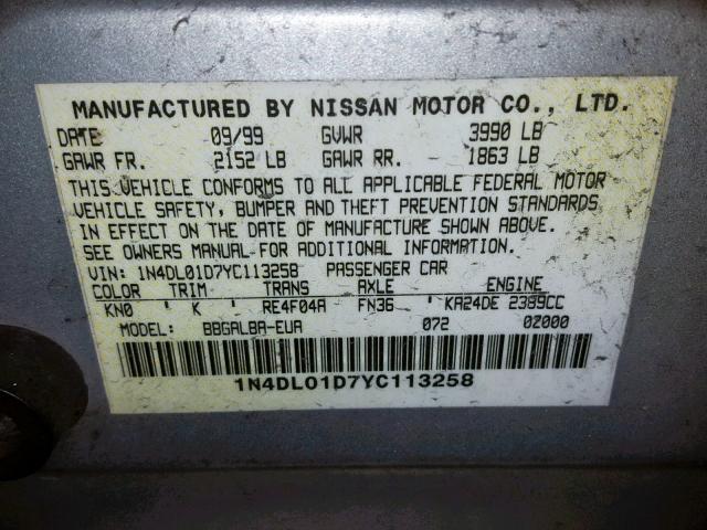 1N4DL01D7YC113258 - 2000 NISSAN ALTIMA XE SILVER photo 10