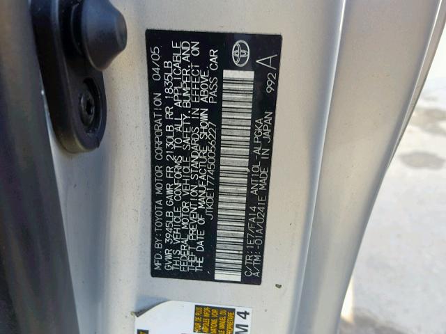 JTKDE177450056227 - 2005 TOYOTA SCION TC 银色 照片 10