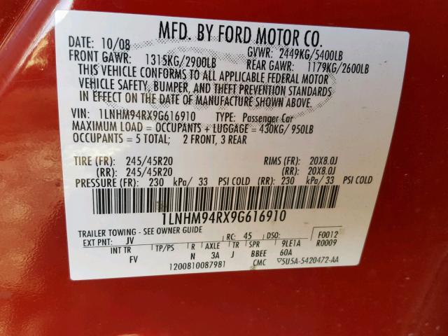 1LNHM94RX9G616910 - 2009 LINCOLN MKS RED photo 10
