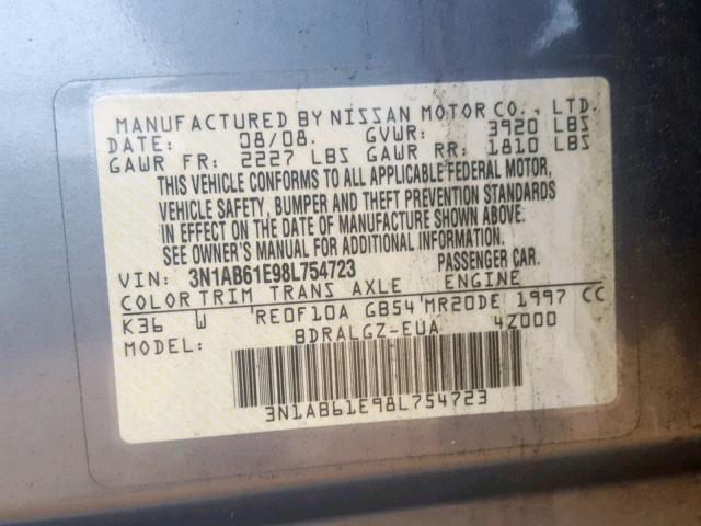 3N1AB61E98L754723 - 2008 NISSAN SENTRA 2.0 GRAY photo 10