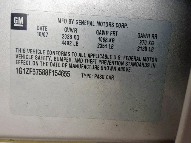 1G1ZF57588F154655 - 2008 CHEVROLET MALIBU HYB SILVER photo 10