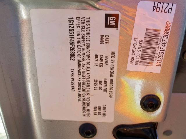 1G1ZS51F46F268002 - 2006 CHEVROLET MALIBU LS 银色 照片 10