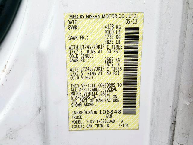 1N6BF0KX8DN106848 - 2013 NISSAN NV 1500 WHITE photo 10