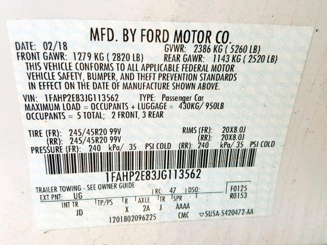 1FAHP2E83JG113562 - 2018 FORD TAURUS SEL WHITE photo 10