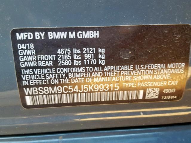 WBS8M9C54J5K99315 - 2018 BMW M3 GRAY photo 10