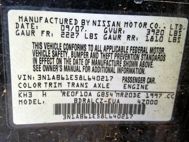 3N1AB61E58L640217 - 2008 NISSAN SENTRA 2.0 BLACK photo 10