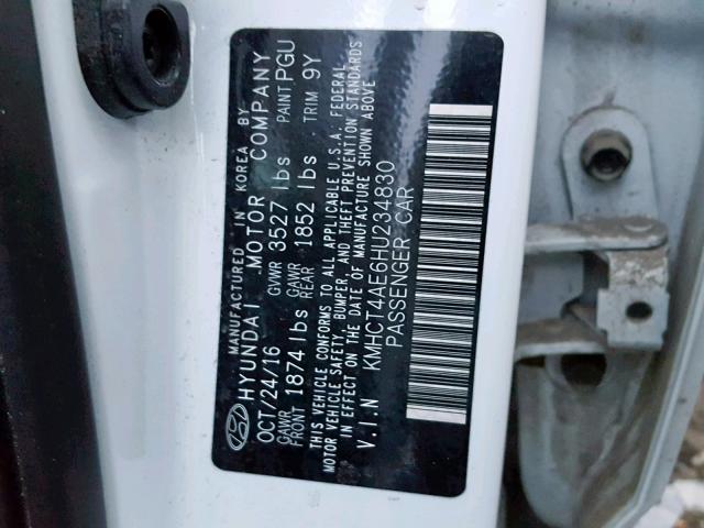 KMHCT4AE6HU234830 - 2017 HYUNDAI ACCENT SE WHITE photo 10