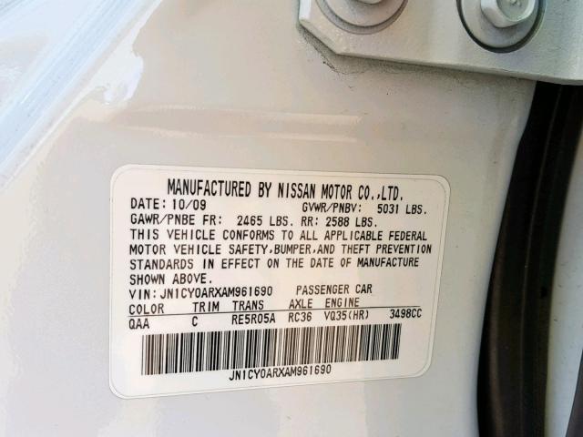 JN1CY0ARXAM961690 - 2010 INFINITI M35 BASE WHITE photo 10