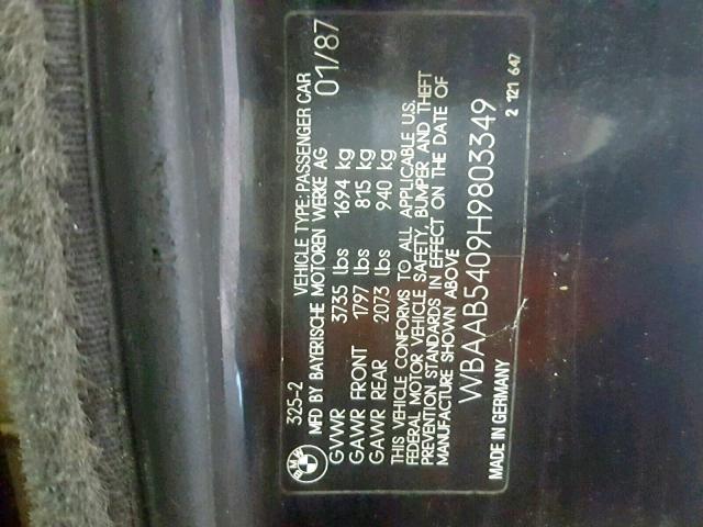 WBAAB5409H9803349 - 1987 BMW 325 BASE BLACK photo 10