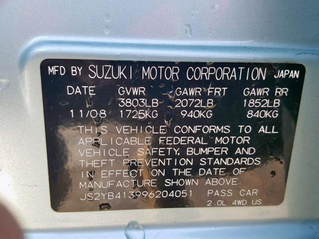 JS2YB413996204051 - 2009 SUZUKI SX4 TECHNO TEAL photo 10