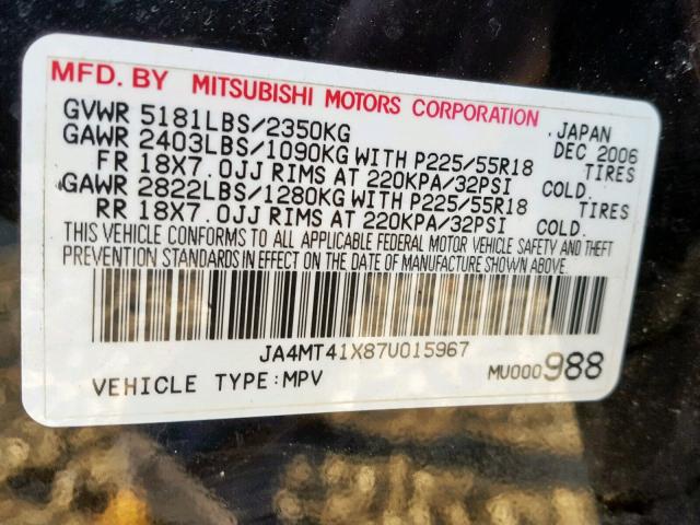 JA4MT41X87U015967 - 2007 MITSUBISHI OUTLANDER BLACK photo 10