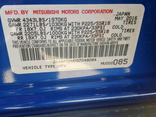 JA4AP3AW0GZ048084 - 2016 MITSUBISHI OUTLANDER BLUE photo 10