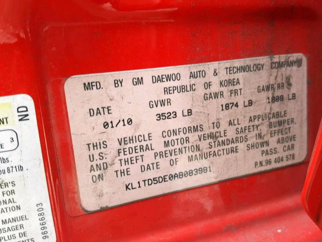 KL1TD5DE0AB083981 - 2010 CHEVROLET AVEO LS RED photo 10